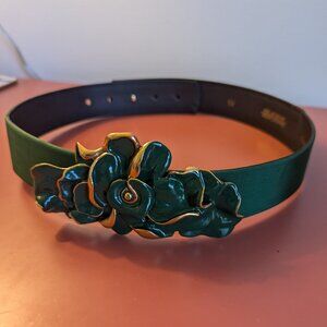 Oscar de la Renta - Emerald Green and Gold Flower Buckle Faille Belt